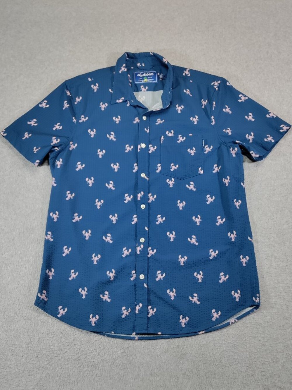 Chubbies Mens Large Lobster Print Seersucker Camp Shirt Blue Pink Beach Resort C